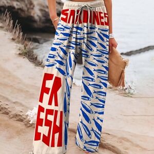 Blue and Red Fish Graphic Wide-Leg/palazzo Pants